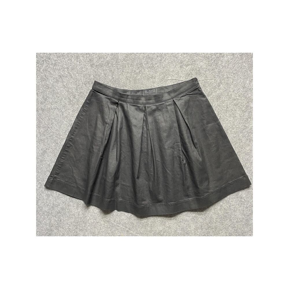 FC Jeans Skirt Womens US 10 Black Pleated A Line Coated Denim Mini